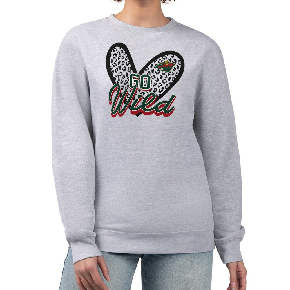 Minnesota Wild G-III 4Her by Carl Banks Women's Animal Print Heart Fleece Pullover Sweatshirt - Heather Gray Sweatshirts