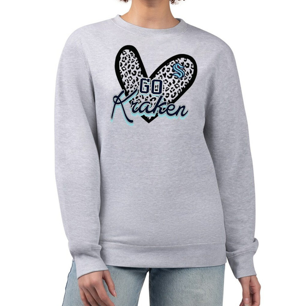 Seattle Kraken G-III 4Her by Carl Banks Women's Animal Print Heart Fleece Pullover Sweatshirt - Heather Gray Sweatshirts