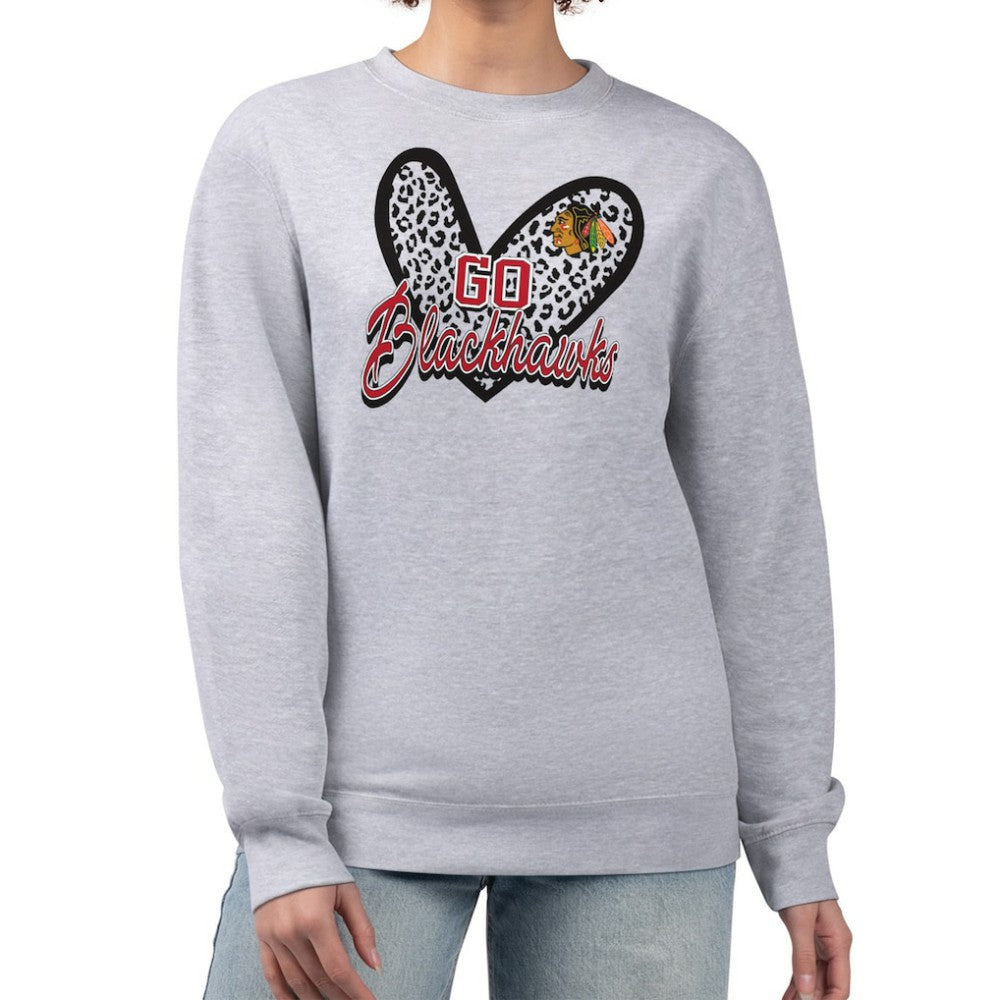 Chicago Blackhawks G-III 4Her by Carl Banks Women's Animal Print Heart Fleece Pullover Sweatshirt - Heather Gray Sweatshirts
