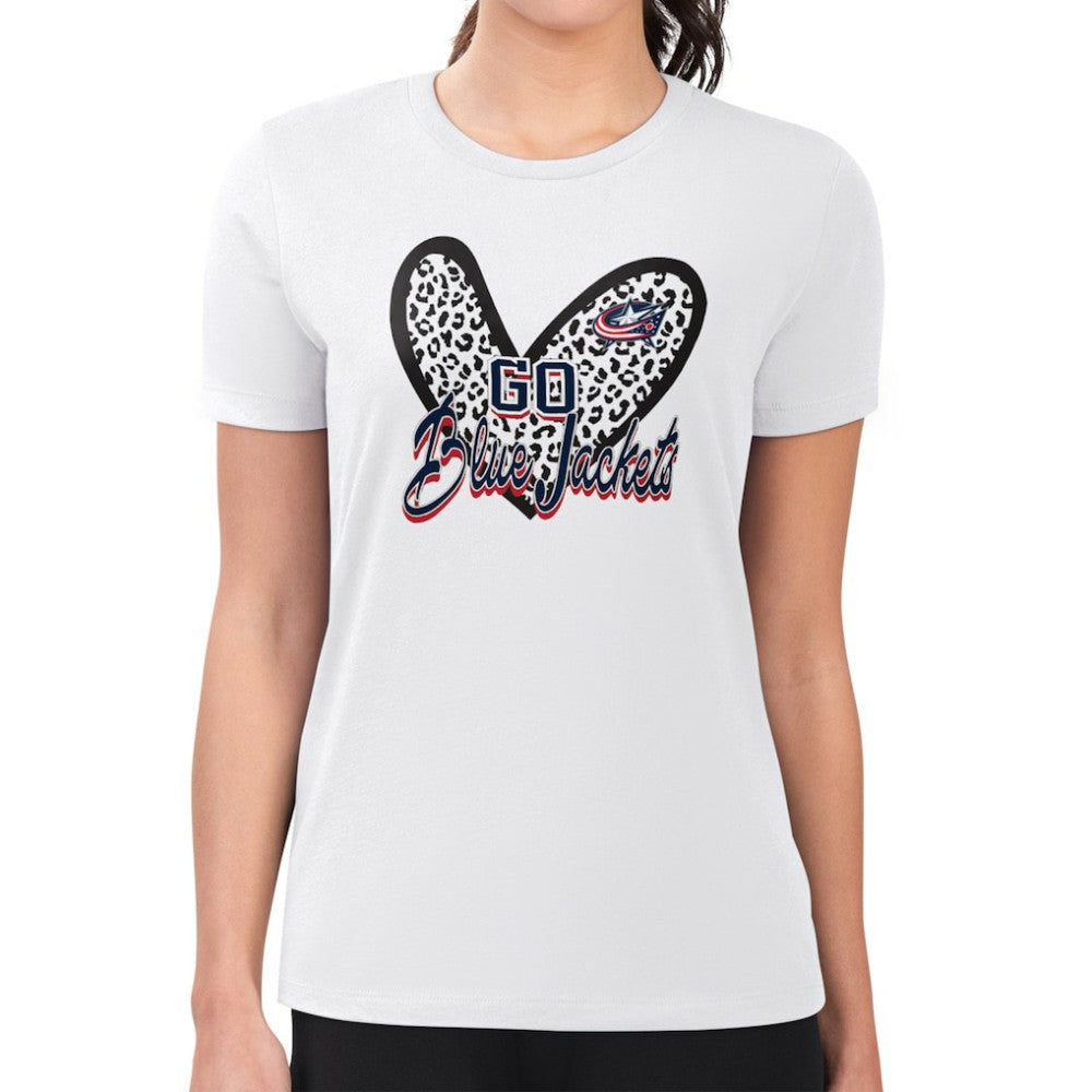 Columbus Blue Jackets G-III 4Her by Carl Banks Women's Super-Slim Fit Lightweight Animal Print Heart T-Shirt - White T-shirts