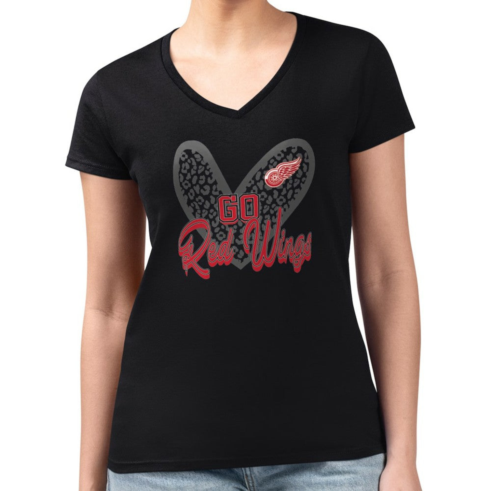 Detroit Red Wings G-III 4Her by Carl Banks Women's Super-Slim Fit Lightweight Animal Print Heart V-Neck T-Shirt - Black T-shirts