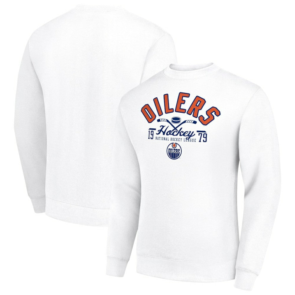 Edmonton Oilers Starter Stick And Puck Logo Fleece Pullover Sweatshirt - White Sweatshirts