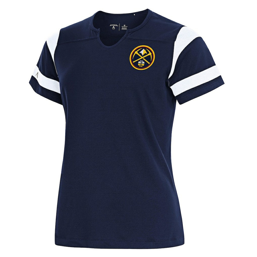 Denver Nuggets Antigua Women's Encounter Short Sleeve Notch Neck Top sale - Navy for sale