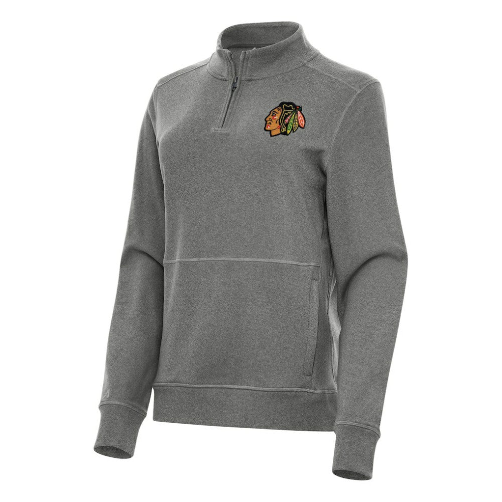 Chicago Blackhawks Antigua Women's Crush Quarter-Zip Fleece Sweatshirt - Heather Black Sweatshirts