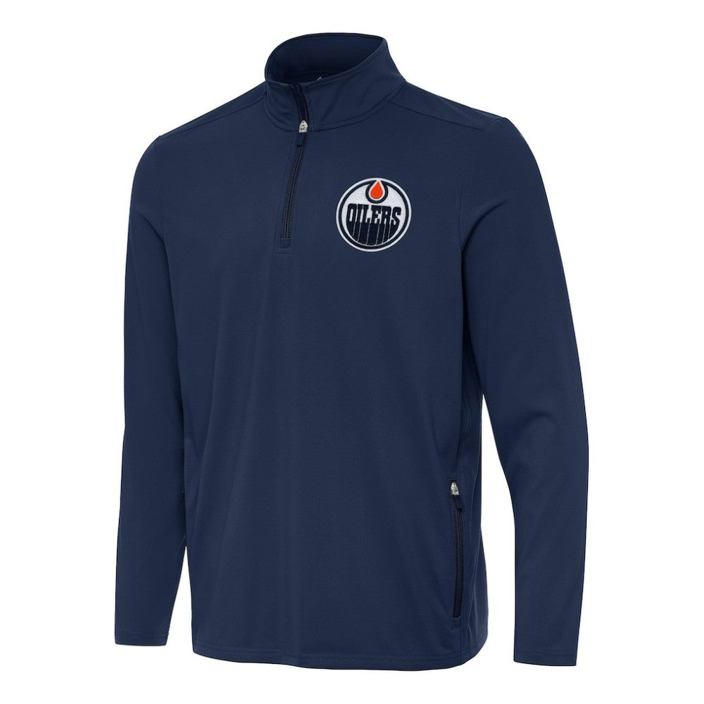 Edmonton Oilers Antigua Perilous Quarter-Zip Sweatshirt - Navy Sweatshirts
