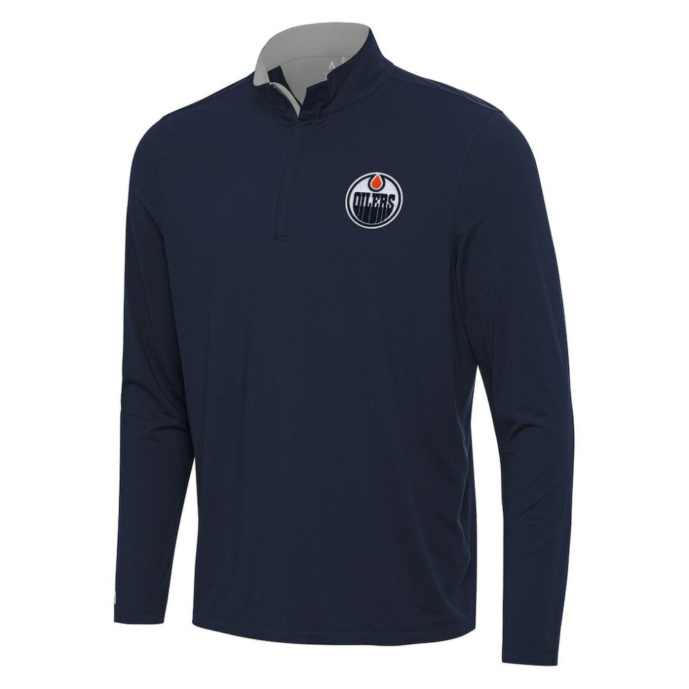 Edmonton Oilers Antigua Content Quarter-Zip Pullover Top - Navy/Gray Pullover