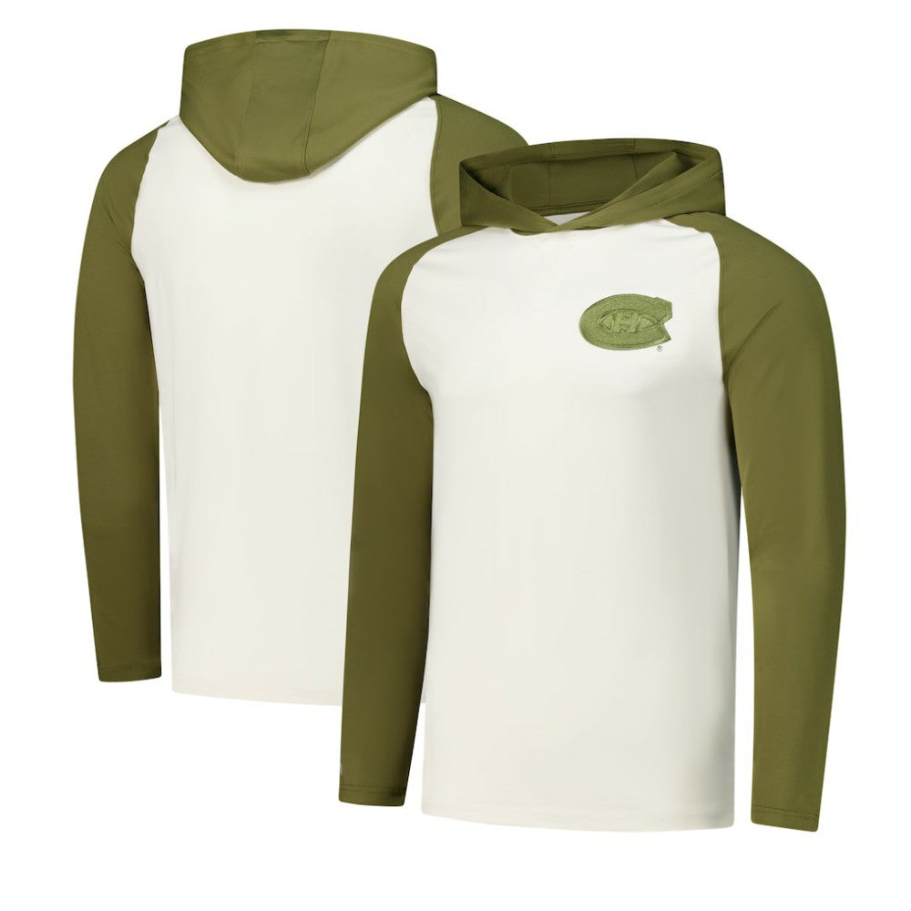 Montreal Canadiens Antigua Intrepid Sand Raglan Long Sleeve Hoodie T-Shirt - Cream/Olive T-shirts
