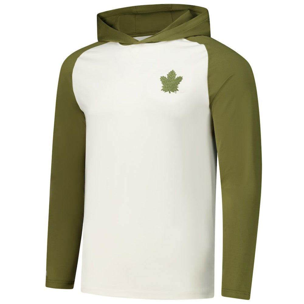 Toronto Maple Leafs Antigua Intrepid Sand Raglan Long Sleeve Hoodie T-Shirt - Cream/Olive T-shirts