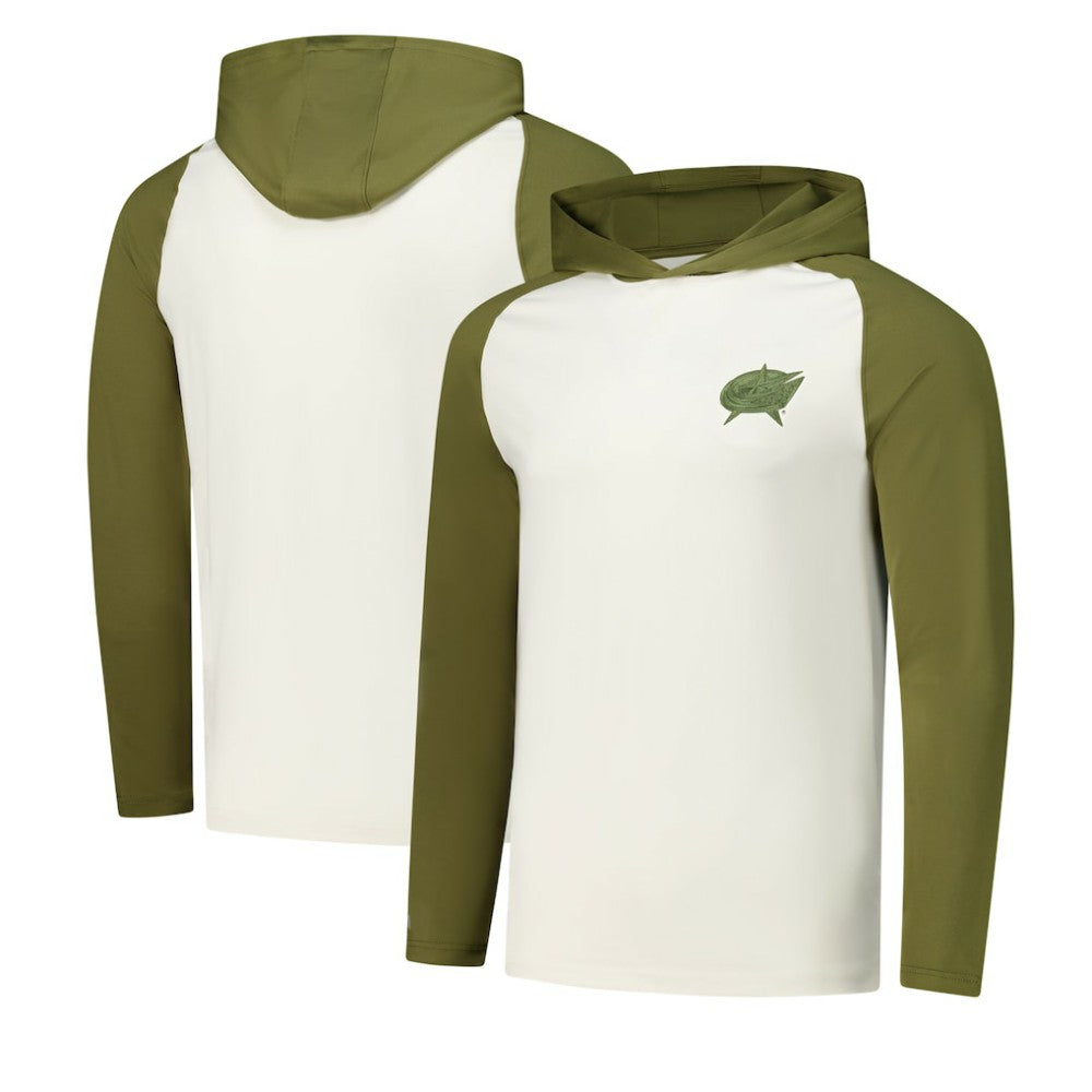 Columbus Blue Jackets Antigua Intrepid Sand Raglan Long Sleeve Hoodie T-Shirt - Cream/Olive T-shirts