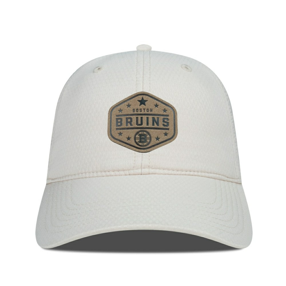 Boston Bruins Men's Levelwear Faux Leather Patch Unstructured Adjustable Hat - Cream Hats