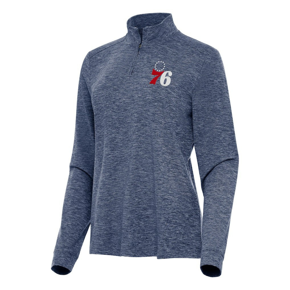 Philadelphia 76ers Antigua Women's Mentor Quarter-Zip Mock Long Sleeve Top - Heather Navy for sale