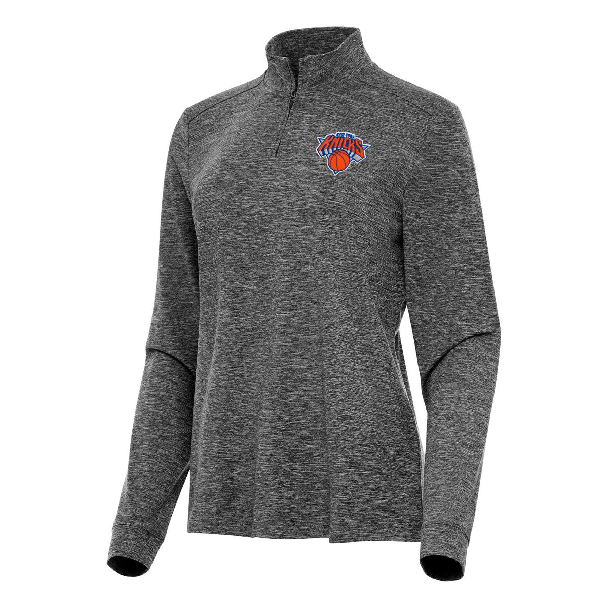 New York Knicks Antigua Women's Mentor Quarter-Zip Mock Long Sleeve Top - Heather Black discount