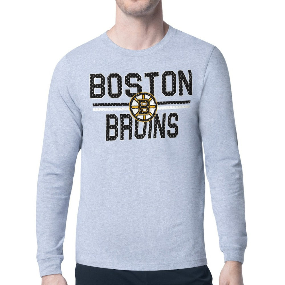 Boston Bruins Starter Mesh Look Team Name Logo Long Sleeve T-Shirt - Heather Gray T-shirts