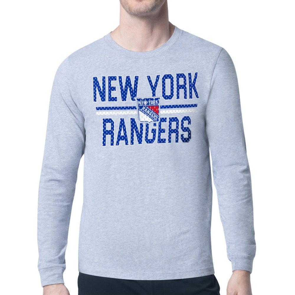 New York Rangers Starter Mesh Look Team Name Logo Long Sleeve T-Shirt - Heather Gray T-shirts