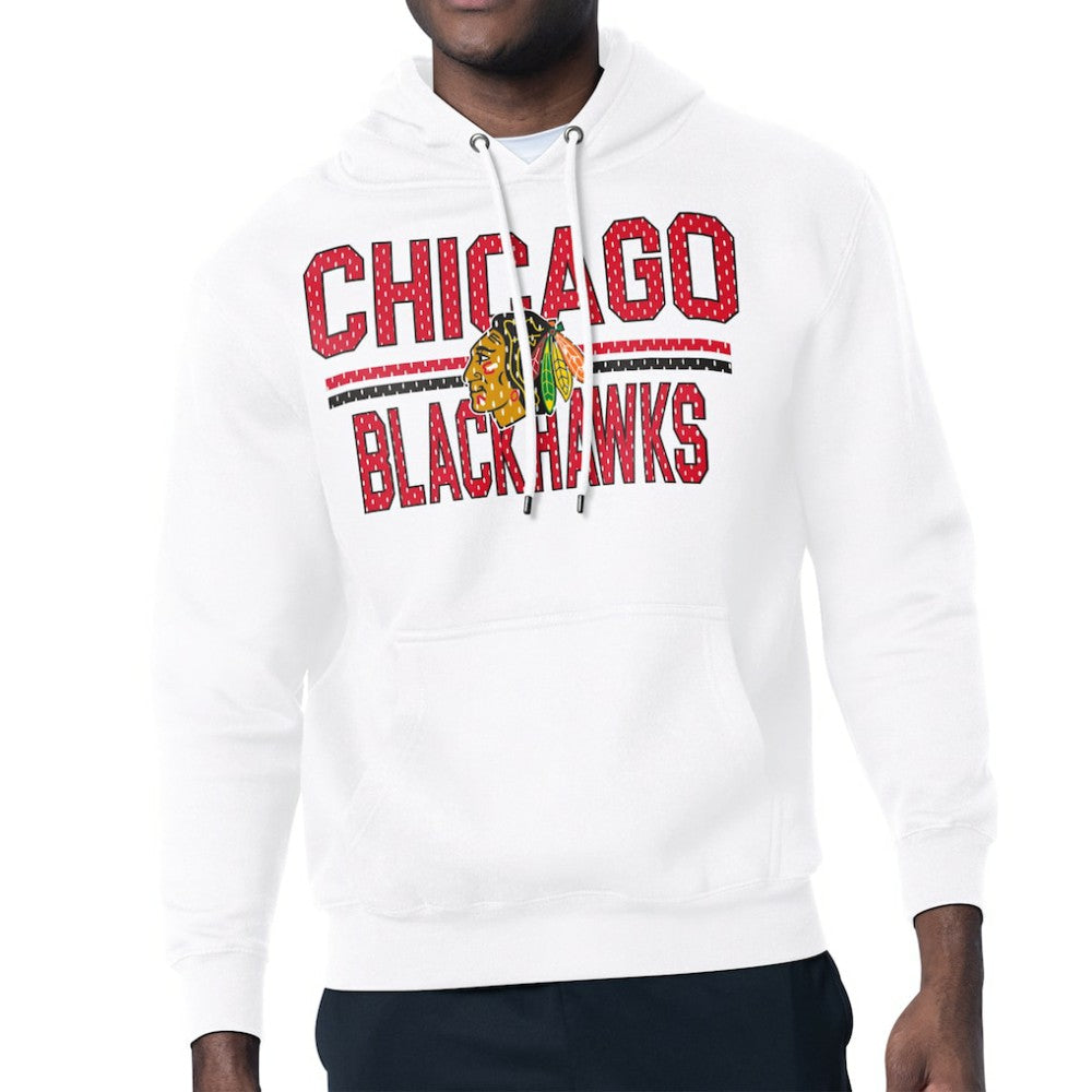 Chicago Blackhawks Starter Mesh Look Team Name Logo Tri-Blend Pullover Hoodie - White Hoodies