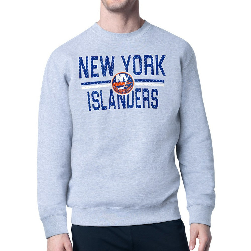 New York Islanders Starter Mesh Look Team Name Logo Pullover Sweatshirt - Heather Gray Sweatshirts