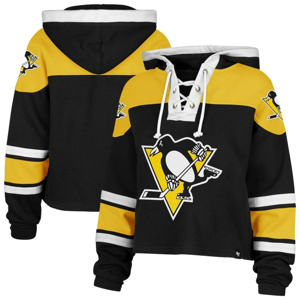 Pittsburgh Penguins '47 Women's Cropped Superior Lacer Pullover Hoodie - Black Hoodies