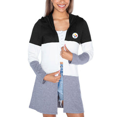 Pittsburgh Steelers Gameday Couture Women's Tri-Blend Color Block Lightweight Cardigan Hoodie - Black on sale