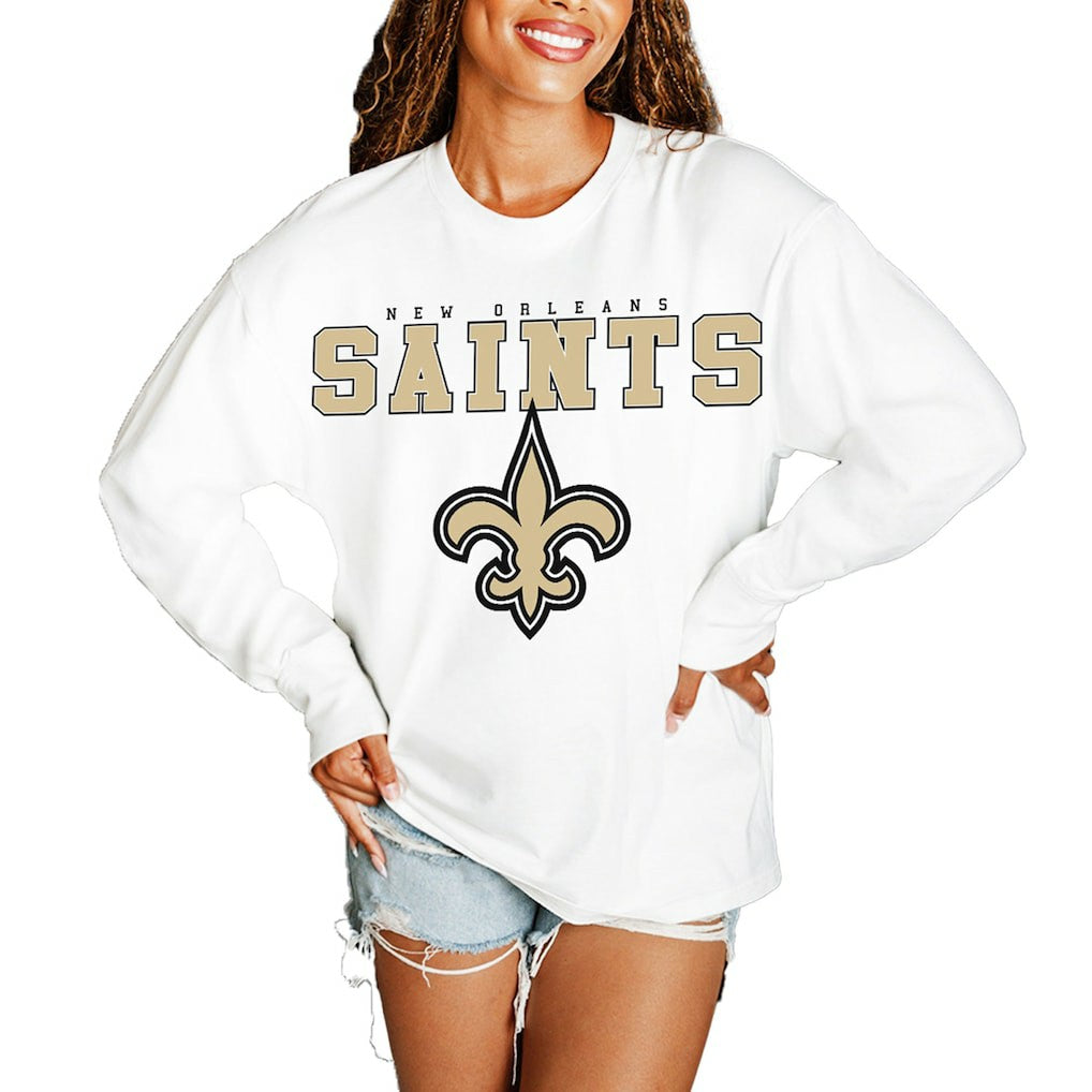 New Orleans Saints Gameday Couture Women's Big Goals Oversized Long Sleeve T-Shirt - White discount