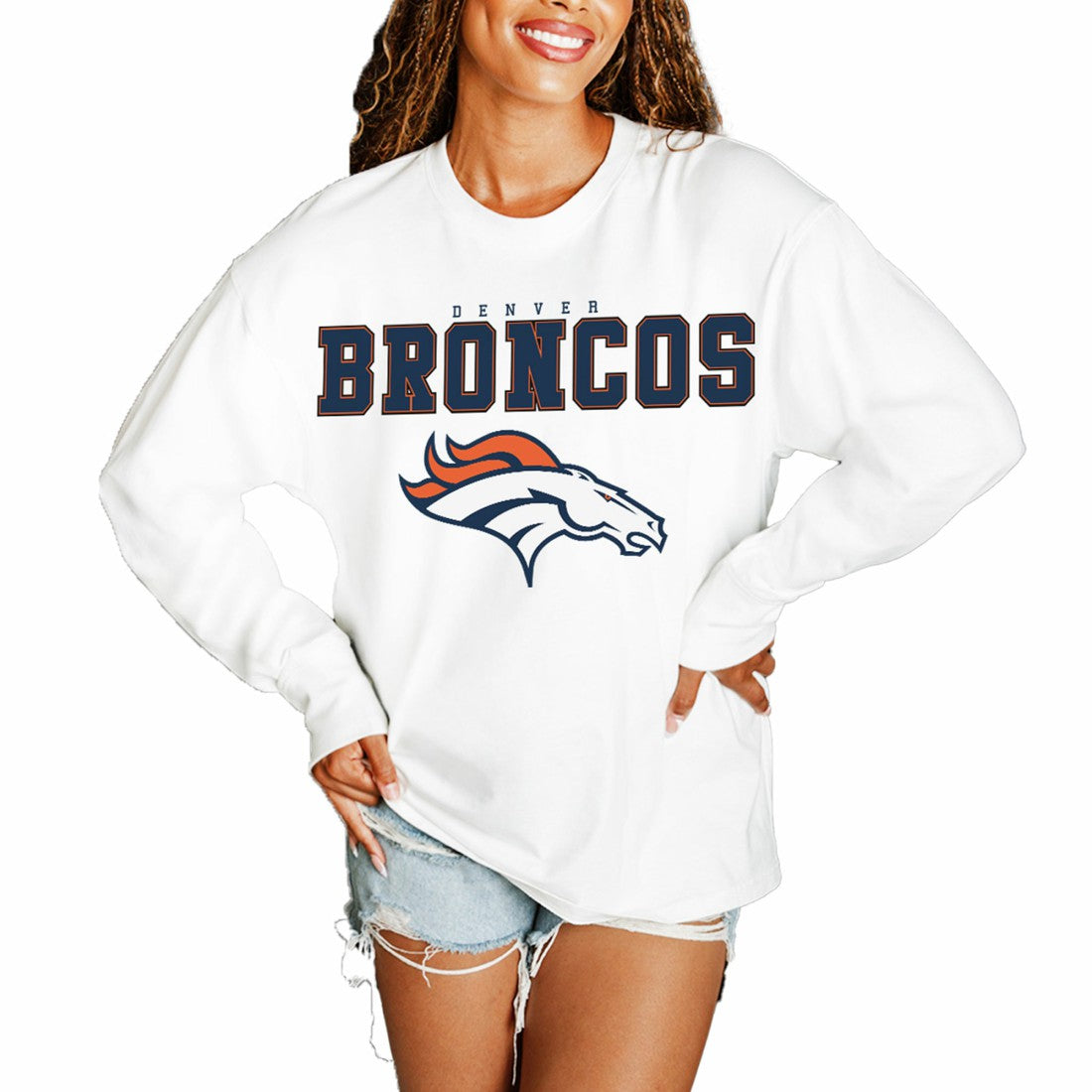 Denver Broncos Gameday Couture Women's Big Goals Oversized Long Sleeve T-Shirt - White on sale