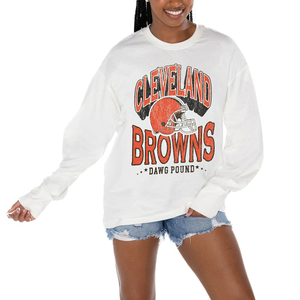 Cleveland Browns Gameday Couture Women's Time Out Oversized Long Sleeve T-Shirt - White on sale