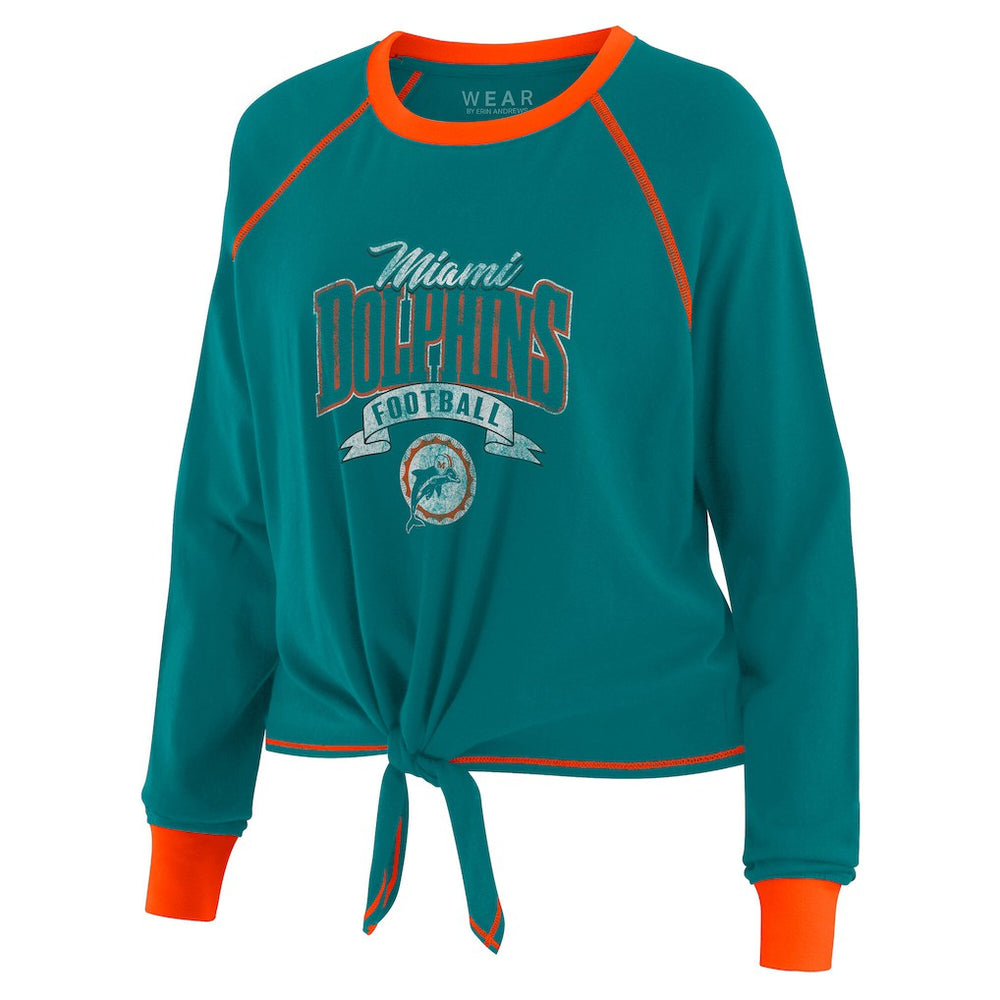 Miami Dolphins WEAR by Erin Andrews Women's Plus Size Tie-Front Long Sleeve Top - Aqua/Orange discount
