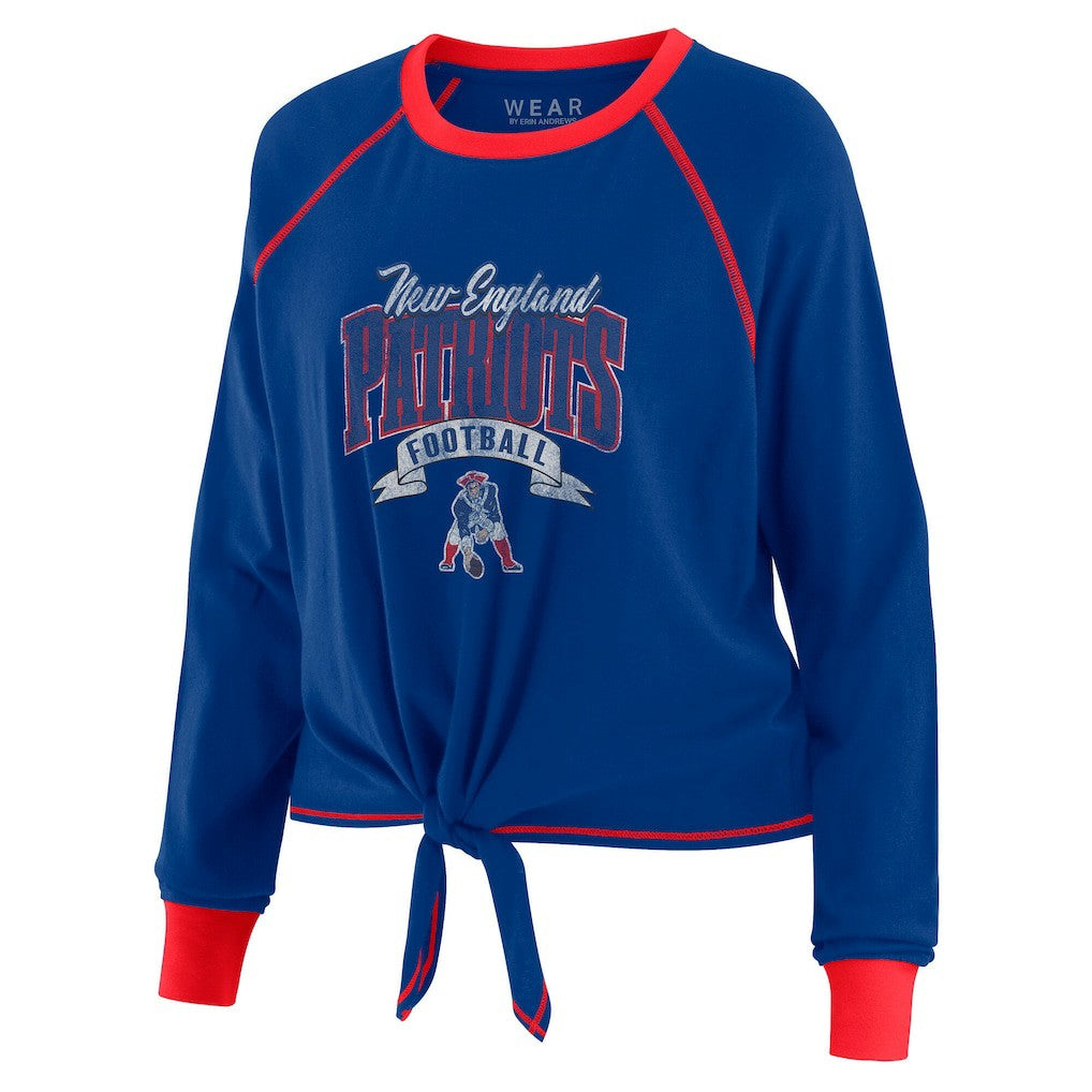New England Patriots WEAR by Erin Andrews Women's Plus Size Tie-Front Long Sleeve Top - Royal/Red sale