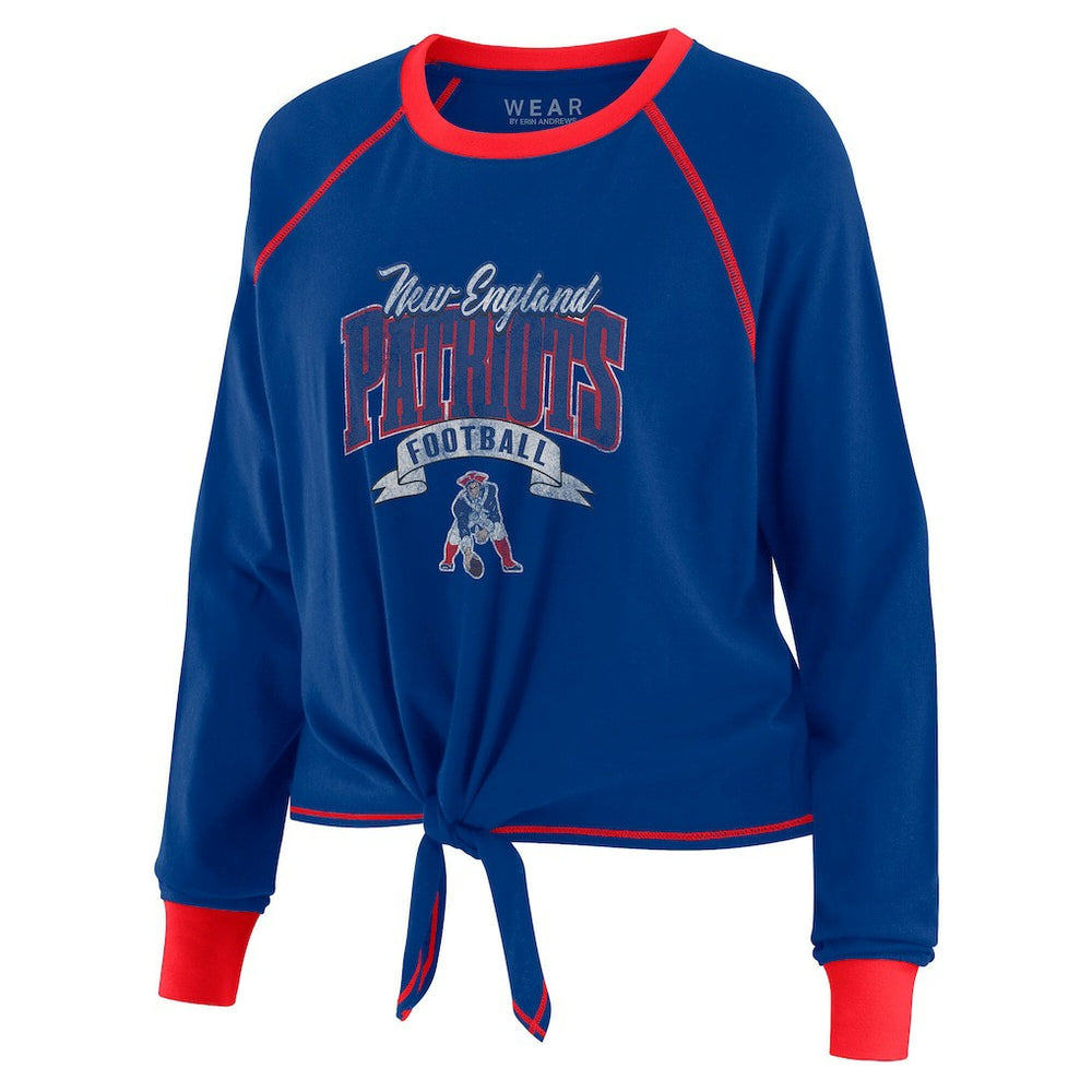 New England Patriots WEAR by Erin Andrews Women's Plus Size Tie-Front Long Sleeve Top - Royal/Red sale