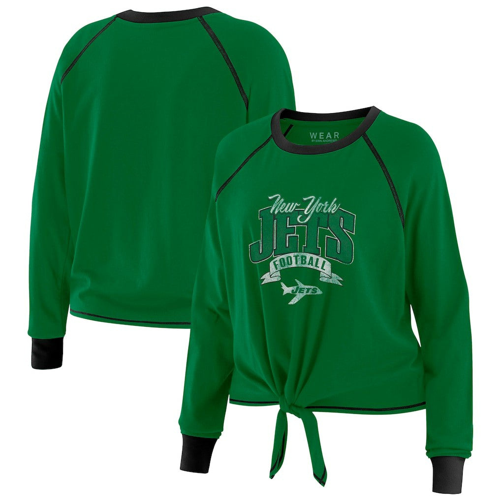 New York Jets WEAR by Erin Andrews Women's Plus Size Tie-Front Long Sleeve Top - Green/Black sale