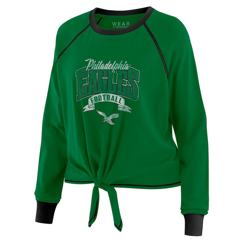 Philadelphia Eagles WEAR by Erin Andrews Women's Plus Size Tie-Front Long Sleeve Top - Green/Black for sale