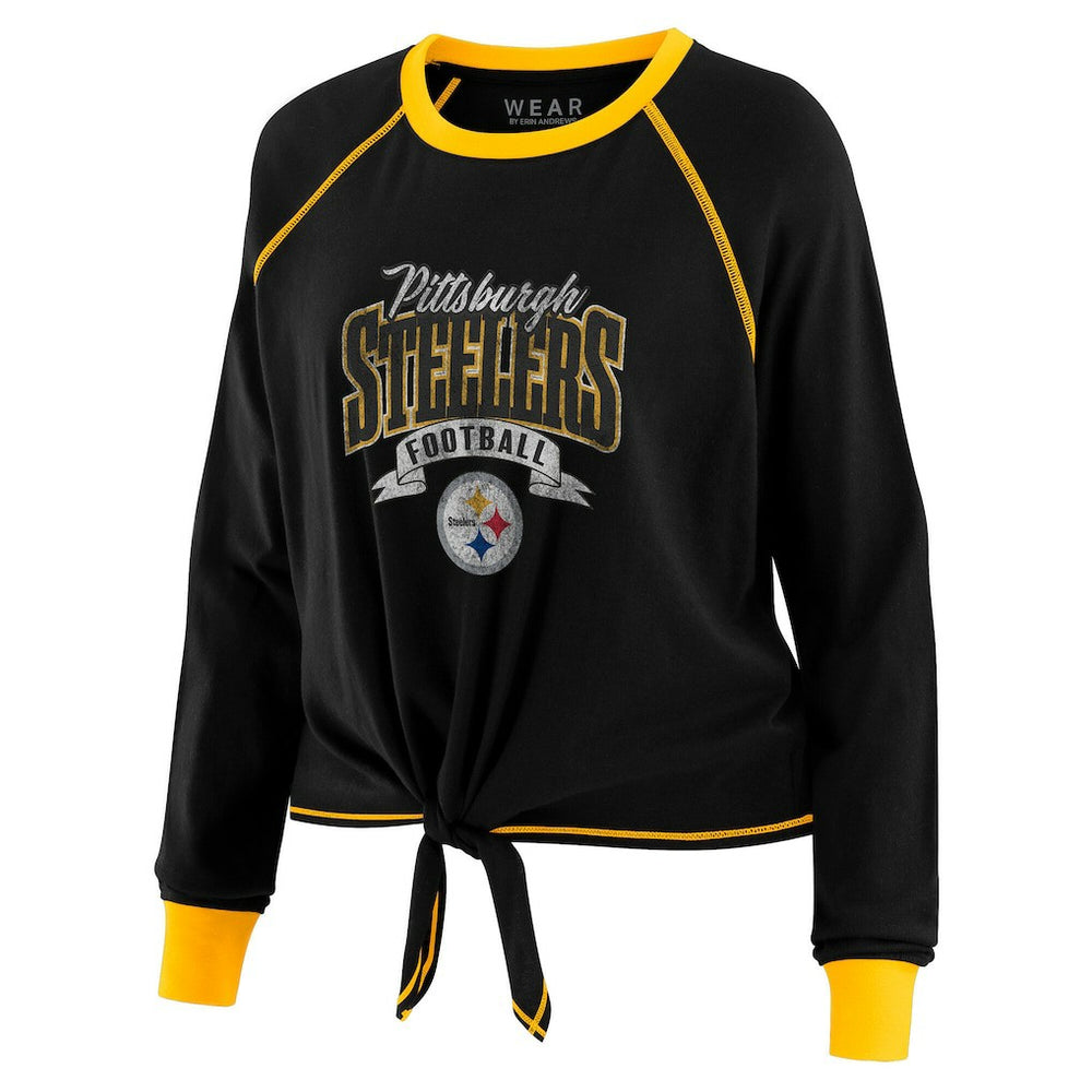 Pittsburgh Steelers WEAR by Erin Andrews Women's Plus Size Tie-Front Long Sleeve Top - Black/Gold cheap
