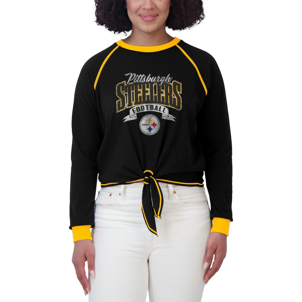 Pittsburgh Steelers WEAR by Erin Andrews Women's Plus Size Tie-Front Long Sleeve Top - Black/Gold cheap