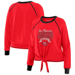 San Francisco 49ers WEAR by Erin Andrews Women's Plus Size Tie-Front Long Sleeve Top - Scarlet/Black for sale