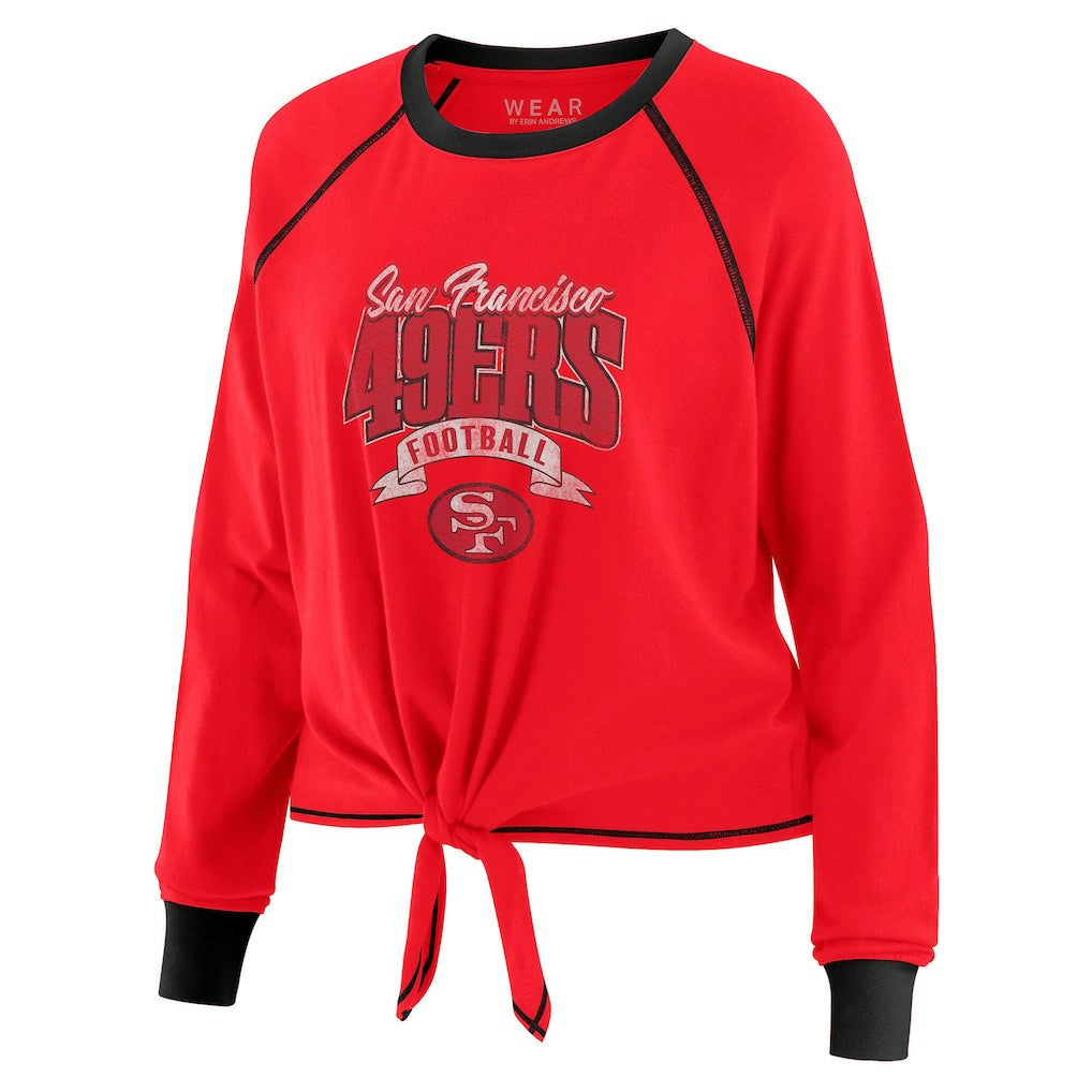 San Francisco 49ers WEAR by Erin Andrews Women's Plus Size Tie-Front Long Sleeve Top - Scarlet/Black for sale