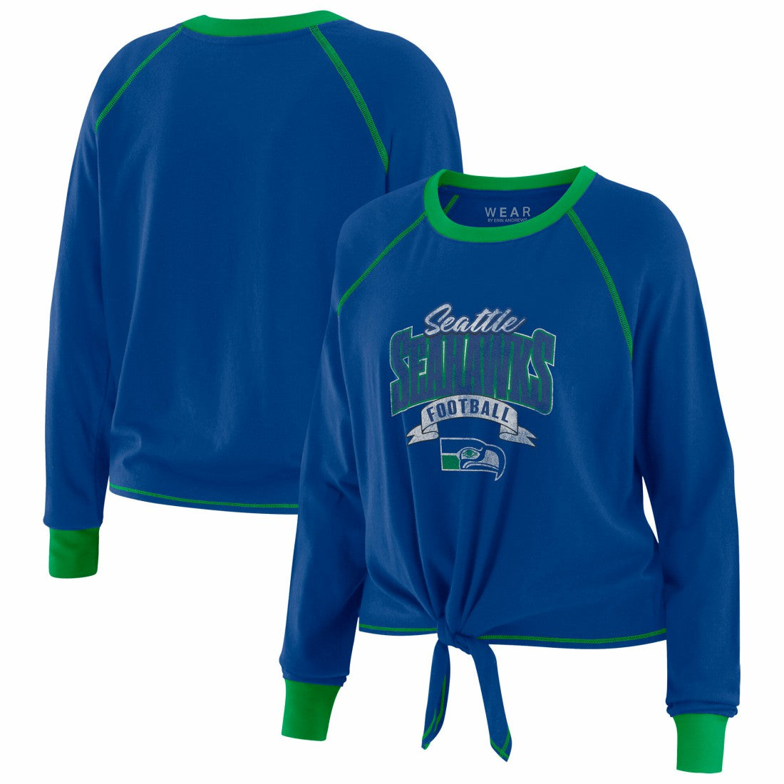 Seattle Seahawks WEAR by Erin Andrews Women's Plus Size Tie-Front Long Sleeve Top - Royal/Neon Green online