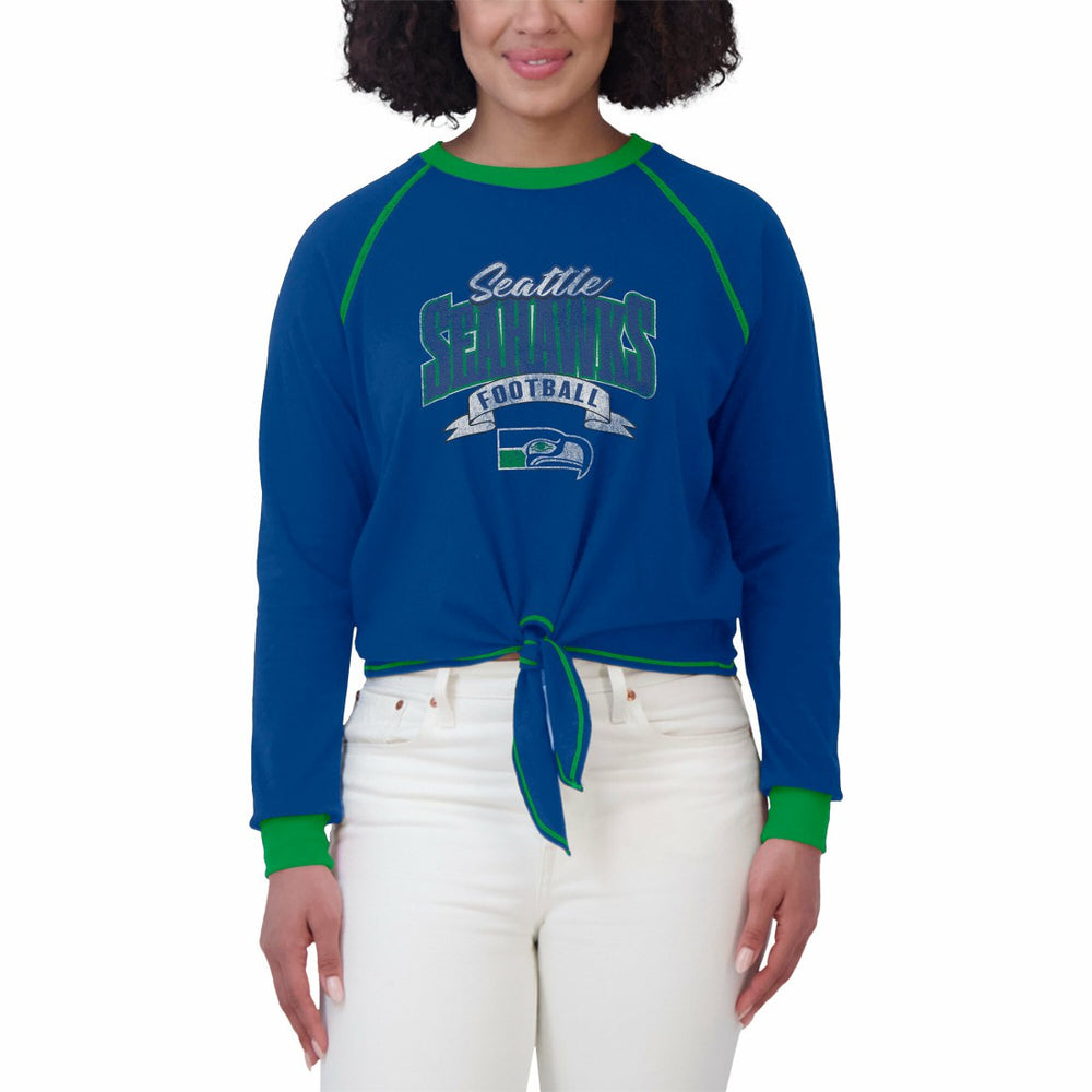 Seattle Seahawks WEAR by Erin Andrews Women's Plus Size Tie-Front Long Sleeve Top - Royal/Neon Green online