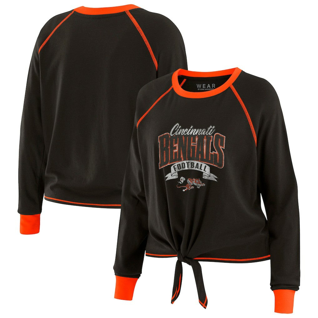 Cincinnati Bengals WEAR by Erin Andrews Women's Plus Size Tie-Front Long Sleeve Top - Black/Orange on sale