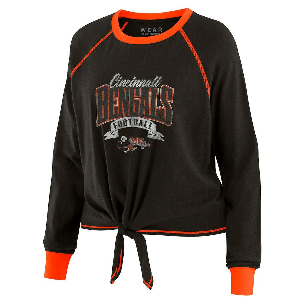 Cincinnati Bengals WEAR by Erin Andrews Women's Plus Size Tie-Front Long Sleeve Top - Black/Orange on sale