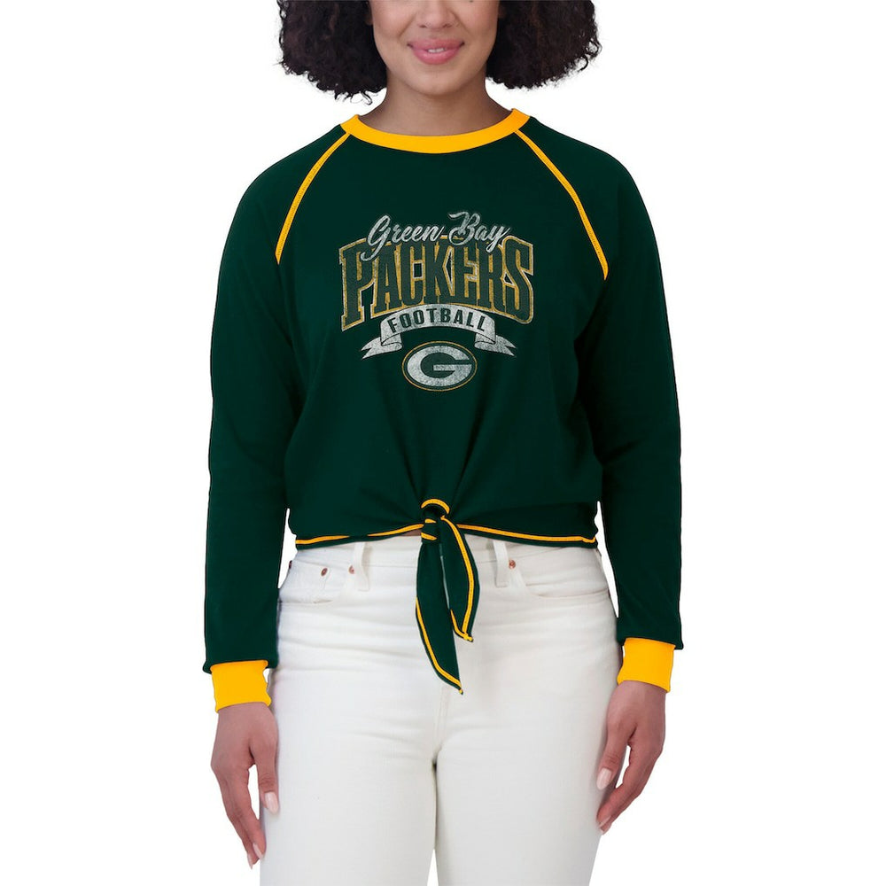 Green Bay Packers WEAR by Erin Andrews Women's Plus Size Tie-Front Long Sleeve Top - Green/Gold for sale