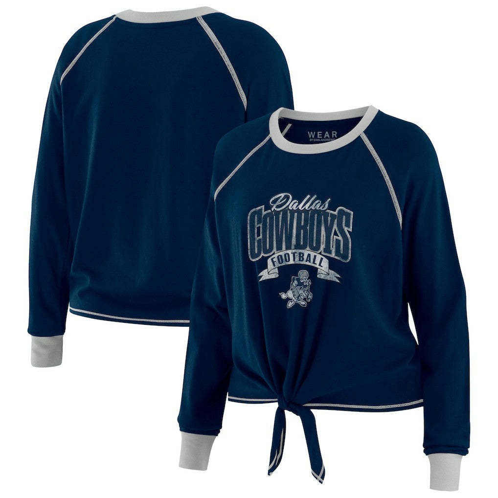 Dallas Cowboys WEAR by Erin Andrews Women's Plus Size Tie-Front Long Sleeve Top - Navy/Silver for sale