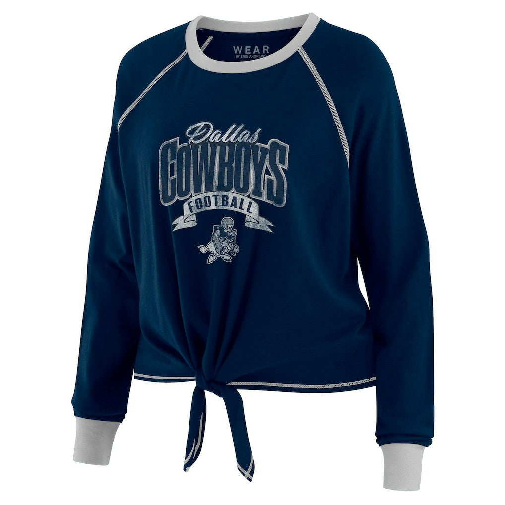 Dallas Cowboys WEAR by Erin Andrews Women's Plus Size Tie-Front Long Sleeve Top - Navy/Silver for sale