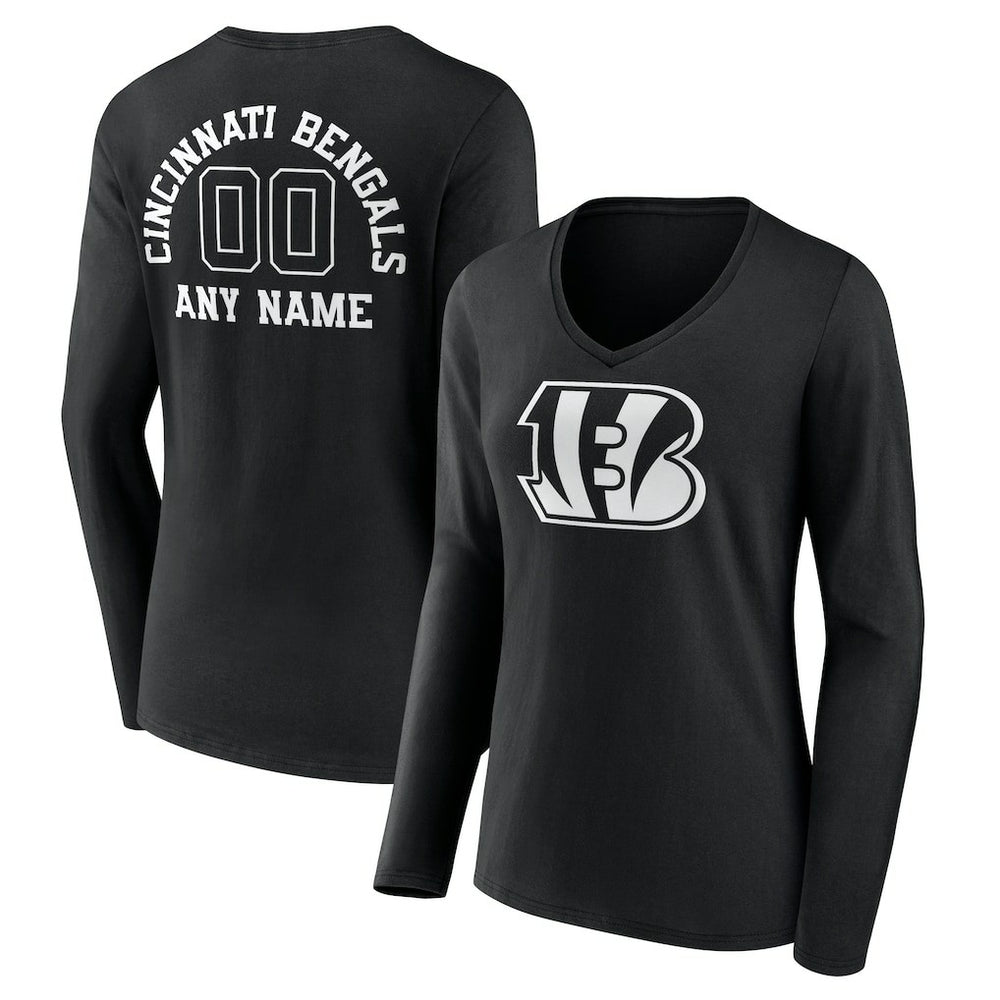 Cincinnati Bengals Women's Personalized Name & Number Monochrome Long Sleeve V-Neck T-Shirt - Black discount