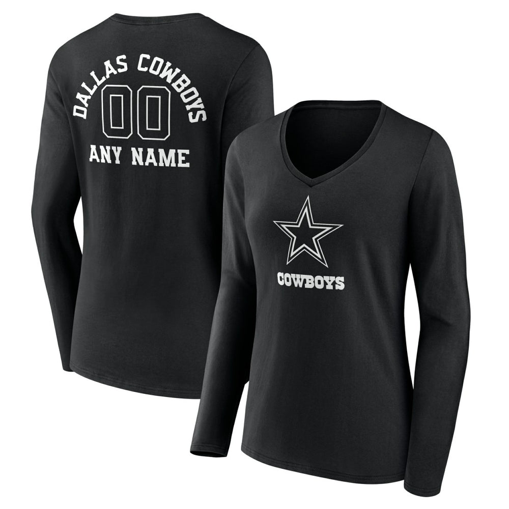 Dallas Cowboys Women's Personalized Name & Number Monochrome Long Sleeve V-Neck T-Shirt - Black cheap
