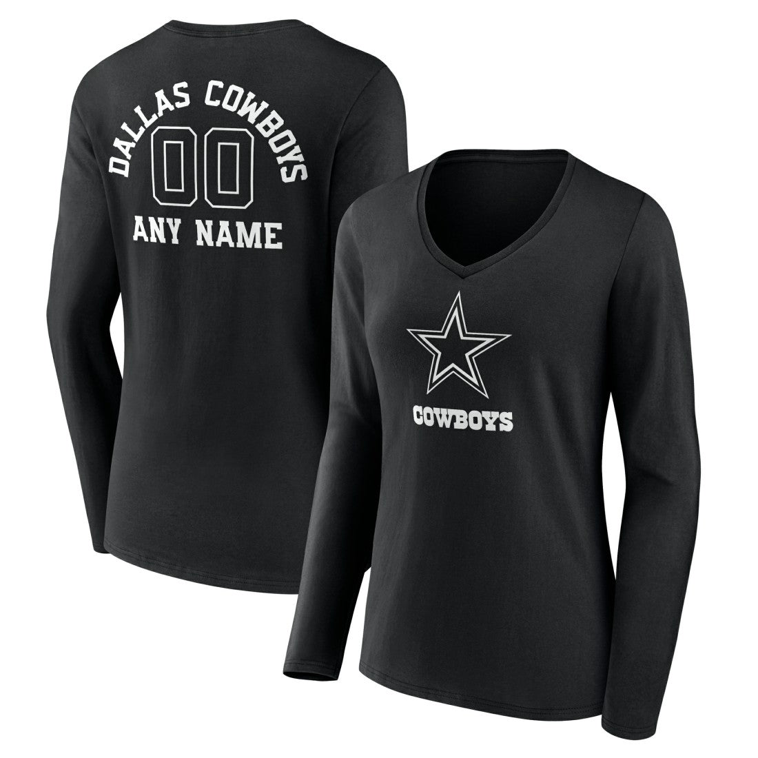 Dallas Cowboys Women's Personalized Name & Number Monochrome Long Sleeve V-Neck T-Shirt - Black cheap