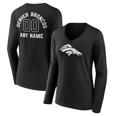 Denver Broncos Women's Personalized Name & Number Monochrome Long Sleeve V-Neck T-Shirt - Black discount