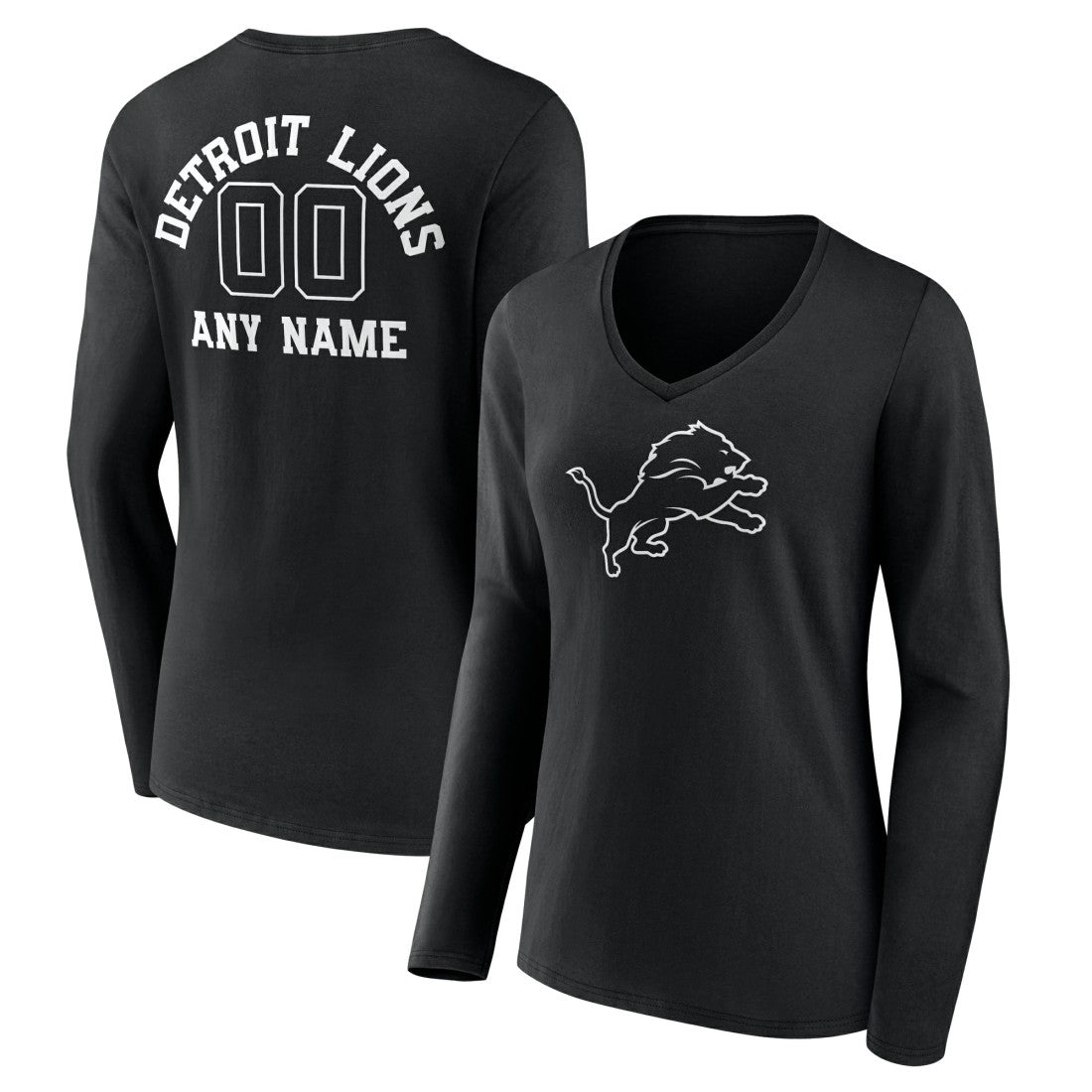 Detroit Lions Women's Personalized Name & Number Monochrome Long Sleeve V-Neck T-Shirt - Black on sale