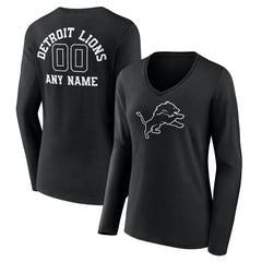 Detroit Lions Women's Personalized Name & Number Monochrome Long Sleeve V-Neck T-Shirt - Black on sale