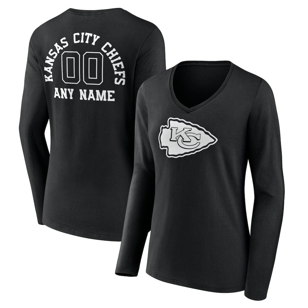 Kansas City Chiefs Women's Personalized Name & Number Monochrome Long Sleeve V-Neck T-Shirt - Black discount