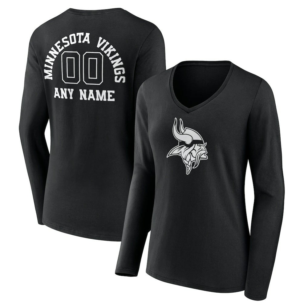 Minnesota Vikings Women's Personalized Name & Number Monochrome Long Sleeve V-Neck T-Shirt - Black online