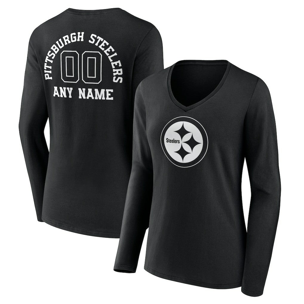 Pittsburgh Steelers Women's Personalized Name & Number Monochrome Long Sleeve V-Neck T-Shirt - Black discount